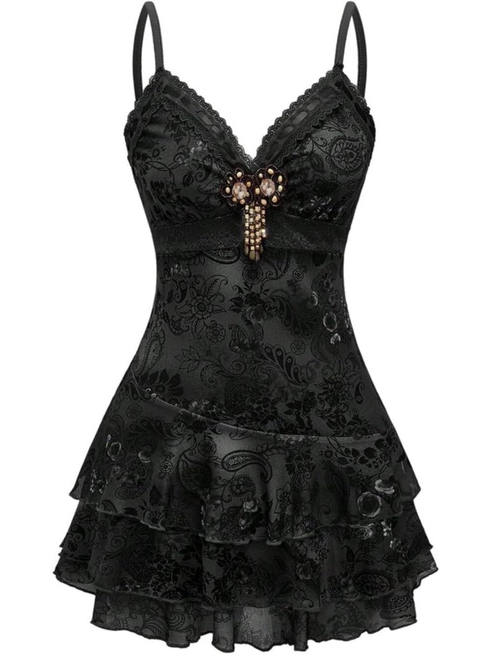Gothic Vintage Boho Tiered Mini Dress with Ruffle Lace & Beaded Details